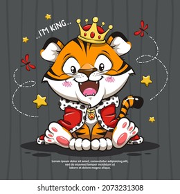 Cute Little King Cat Tiger Cartoon Illustration