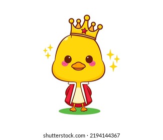 Cute little king duck with crown cartoon character isolated white background. Vector art illustration