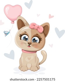 A cute little kitten with a balloon and a butterfly