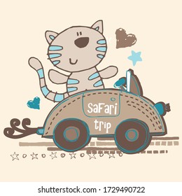 Cute little kitten in the car vector character illustration