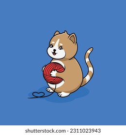 Cute little kitten character with thread ball. Vector cartoon.