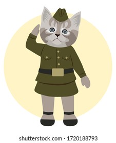 Cute little kitten in costume of soldier, baby cat in military uniform, victory day card vector.