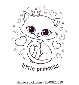 Pequeño gatito de corona. Texto princesa pequeña. Dibujo lineal, en blanco y negro. Para el diseño de impresiones, carteles, pegatinas, postales, páginas coloreadas, etc. Vector