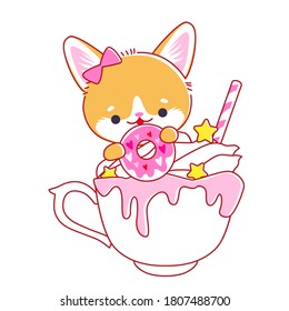 Cute little kitten in cup. Kawaii style