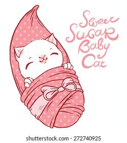 cute little kitten in diapers with a bow - vector hand drawing illustration