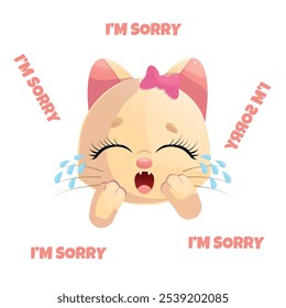 Cute little kitten girl cries and asks for forgiveness. Isolated vector illustration on white background