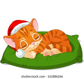 Cute little kitten with SantaÃ?Â¢??s Hat sleeping 