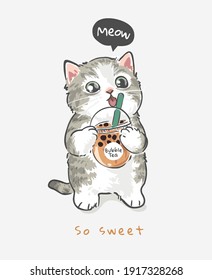 cute little kitten holding bubble tea cup illustration
