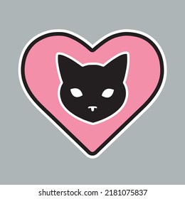 Cute little kitten on the backdrop of pink heart as sticker for web design. Lovely cat sticker for design websites, applications, clothes or social network communication. Romantic vector valentine.