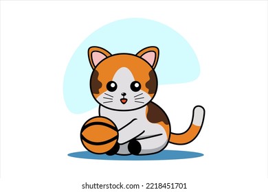 Cute little kitten with orange ball logo cartoon hand draw character vector art illustration