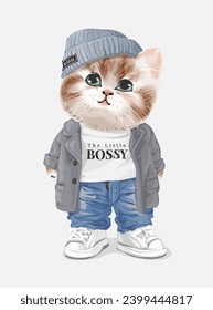 cute little kitten in overcoat fashion vector illustration