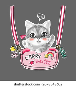 cute little kitten in pink carry on bag vector illustration