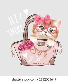 cute little kitten in pink fashion hand bag cartoon vector illustration
