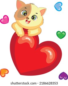 Cute little kitten with red heart.Cartoon style hand drawn vector illustration.New year,Birthday, Valentine and Anniversary concept.