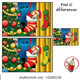 Cute little kitten sleeping in Christmas socks near Christmas tree. Find 10 differences. Educational game for children. Cartoon vector illustration