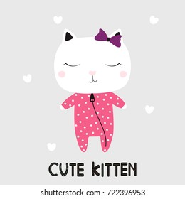 Cute little kitten. Typography design. Vector hand drawn illustration.