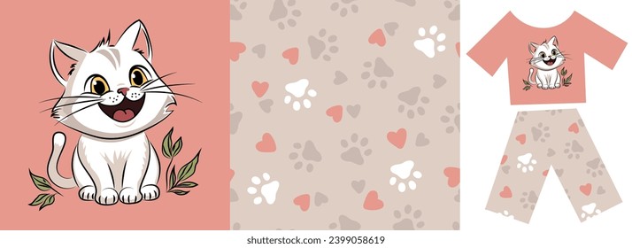 A cute little kitten. Vector print and seamless background for children's clothes. Hand-drawn character for textiles, packaging, paper, tee print. Seamless Repeat Pattern. Cartoon doodles.