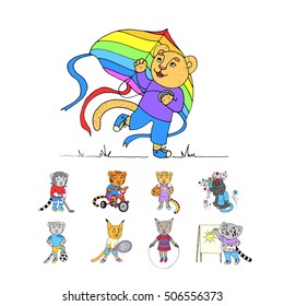 Cute little kittens doodle cartoon set in vector. Funny little kittens doing sports and playing outdoors.