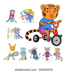 Cute little kittens doodle cartoon set in vector. Funny little kittens doing sports and playing outdoors.