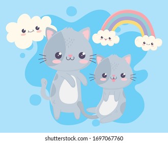 cute little kittens rainbow clouds kawaii cartoon character vector illustration