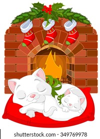 Cute little kittens sleeping near Fireplace