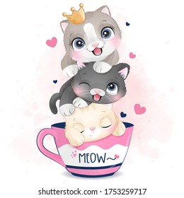Cute little kittens and watercolor effect illustration