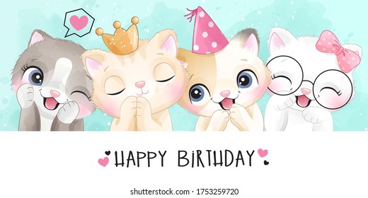 Cute little kittens with watercolor effect illustration