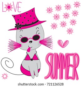 cute little kitty in a bikini and hat with heart suns and love summer description vector illustration