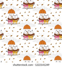 Cute little kitty couple with umbrella walking in the rain through Autumn Leave.Vector seamless pattern on white background.