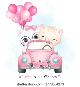 Cute little kitty driving a car with watercolor illustration