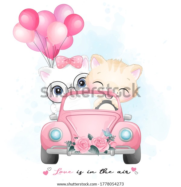 Cute little kitty driving a car with\
watercolor illustration