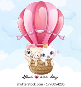 Cute little kitty flying with air balloon illustration