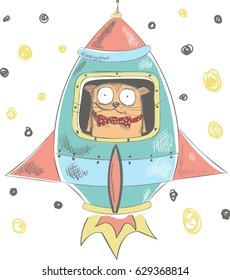 Cute little kitty flying rocket cartoon hand drawn vector illustration. Can be used for t-shirts print, fashion print design, children's clothing, baby shower, holiday greeting and invites.
