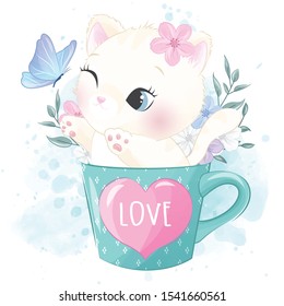 Cute little kitty inside the cup playing and butterfly