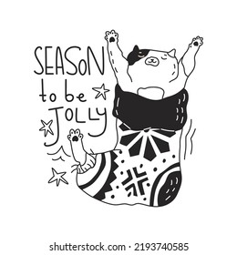 Cute little kitty joyfully stretches, sitting in a Christmas sock. New year sticker with funny cat. Greeting card for holiday party. Flat style in vector illustration. Isolated on white background. 