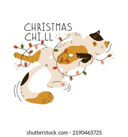 Cute little kitty lies entangled in a garland. New year sticker with funny cat. Greeting card for holiday party. Flat style in vector illustration. Isolated on white background. 
