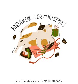 Cute little kitty lies on New Year's letters and postcards. New year sticker with funny cat. Greeting card for holiday party. Flat style in vector illustration. Isolated on white background.
