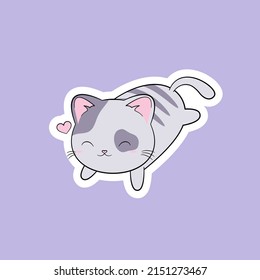 Cute little kitty lying on light violet background. Kawaii animal. Cartoon funny baby character. Kids print for sticker, poster, t-shirt. Flat design.