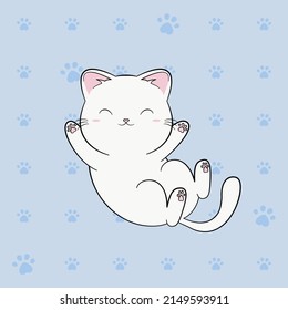 Pequeño y lindo gatito con fondo azul bebé. Animal Kawaii. Caricatura graciosa de un bebé personaje. Niños imprimiendo afiches, camiseta. Diseño plano.