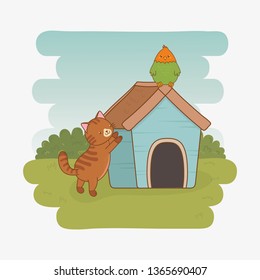 cute little kitty and parrot mascots
