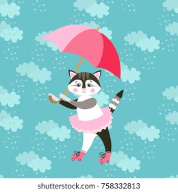 Cute little kitty with pink umbrella on blue sky background. Seamless square pattern. Print for fabric, paper, wallpaper, greeting card.