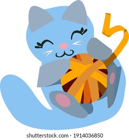 lindo gatito jugando con una bola de hilo, dibujo vectorial, aíslar sobre un fondo blanco