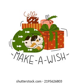 Cute little kitty pretends to be a present while sitting in a house among Christmas gifts. New year sticker with funny cat. quote make a wish. Flat style in vector illustration. Isolated