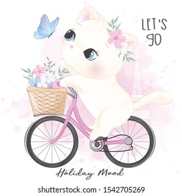 Cute little kitty riding a bicycle