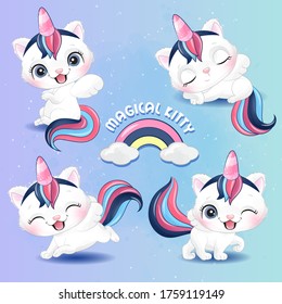 Cute little kitty set with watercolor illustration