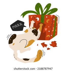 Cute little kitty sharpens his claws on a box with a gift. New year sticker with funny cat. Greeting card for holiday party. Flat style in vector illustration. Isolated on white background. 