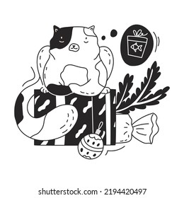 Cute little kitty sits on a stack of gifts and dreams of a fish. New year sticker with funny cat. Greeting card for holiday party. Flat style in vector illustration. Isolated on white background. 