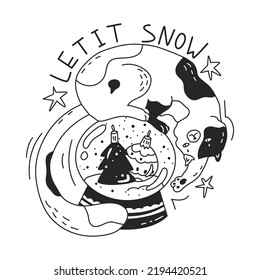 Cute little kitty sits on a glass ball with snow inside. New year sticker with funny cat. Quote let it snow. Flat style in vector illustration. Isolated on white background. 