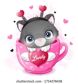 Cute little kitty sitting in a cup illustration
