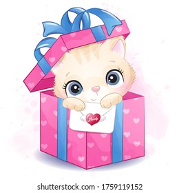 Cute little kitty sitting inside gift box illustration